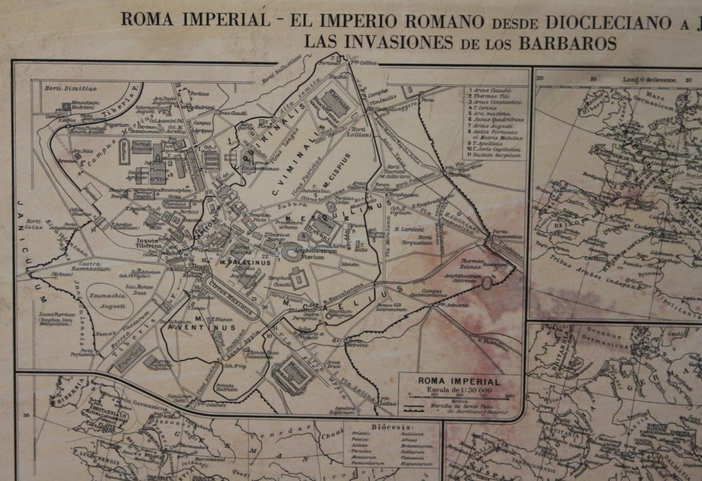 Dettaglio di una stampa litografica rappresentante la mappa di Roma Imperiale. 